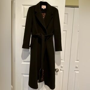 Rouje Paris Georges Wool Belted Coat – Size 34 – Brown Olive with Leopard Lining